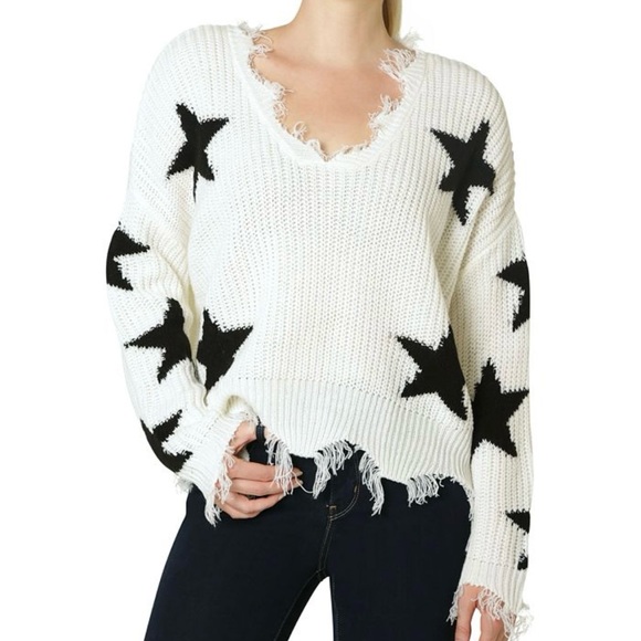 Anthropologie Sweaters - Destructed Star Sweater with Frayed Trim - Slightly Cropped, Oversized Fit